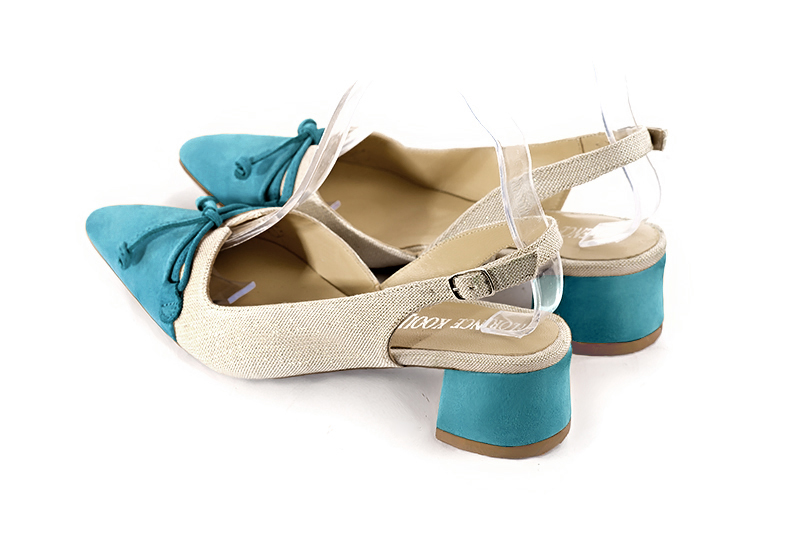 Peacock blue and natural beige women's open back shoes, with a knot. Tapered toe. Low flare heels. Rear view - Florence KOOIJMAN